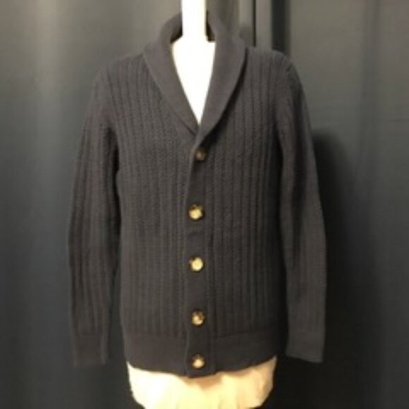 Blue Mens Full Button Front Cotton Acrylic Ribbed Cardigan - Picture 1 of 2